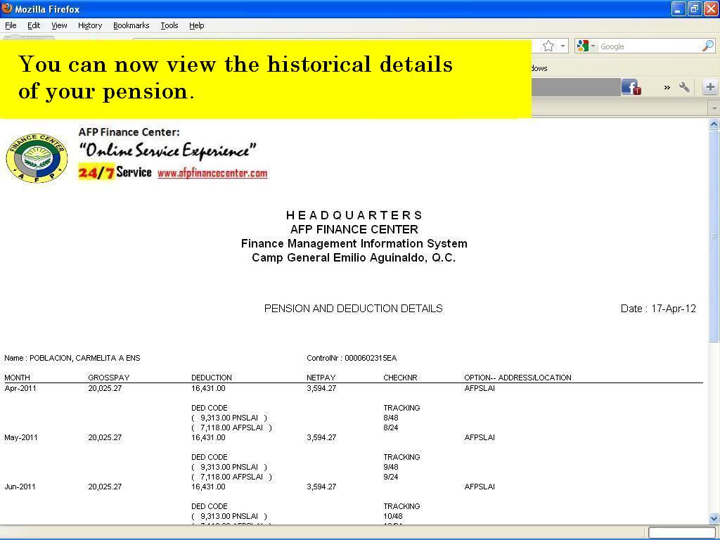 AFP Finance Center Online pay/pension slip viewing